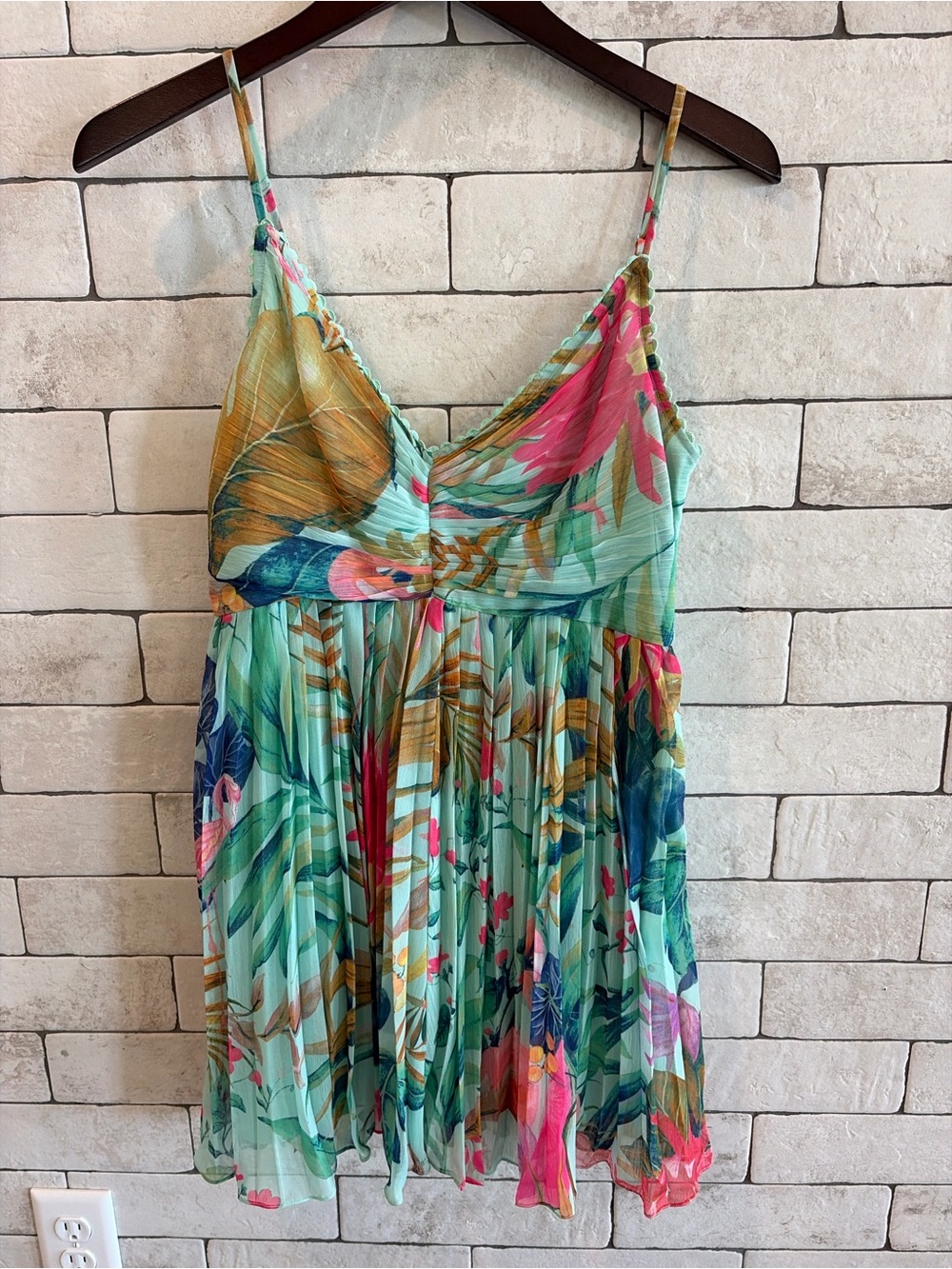 Rococo Sand Tropical Floral Chiffon Mini Dress Size M | Mint Green Pink Resort